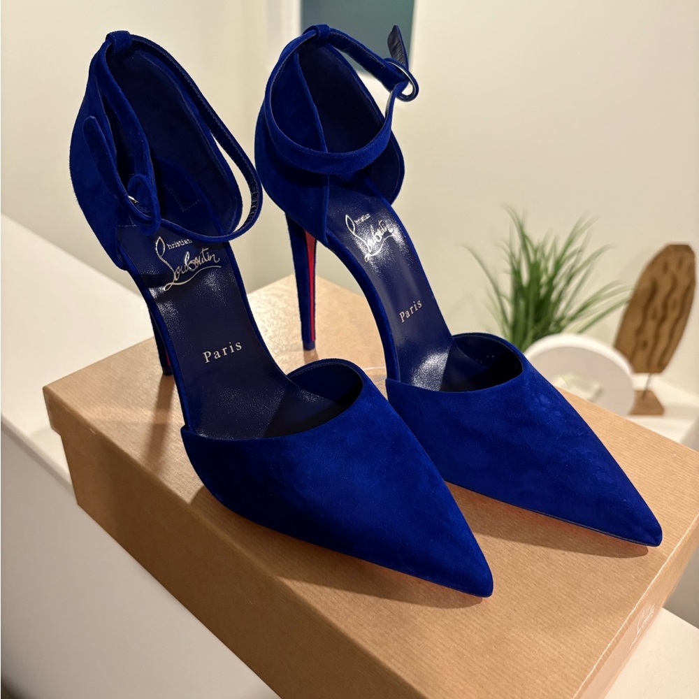 Christian Louboutin Astrida Bride Blue Suede Ankle Strap Heels